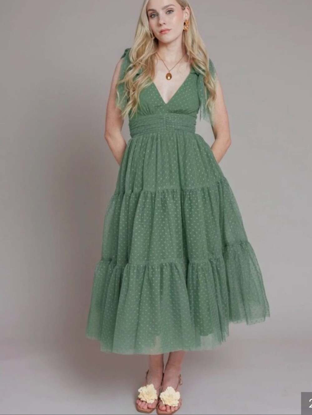Jessakae Green Tiered V-Neck Midi Dress